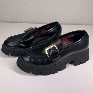 ZARA Black Vegan Leather Lug Sole‎ Buckled Chunky Loafers Size 39